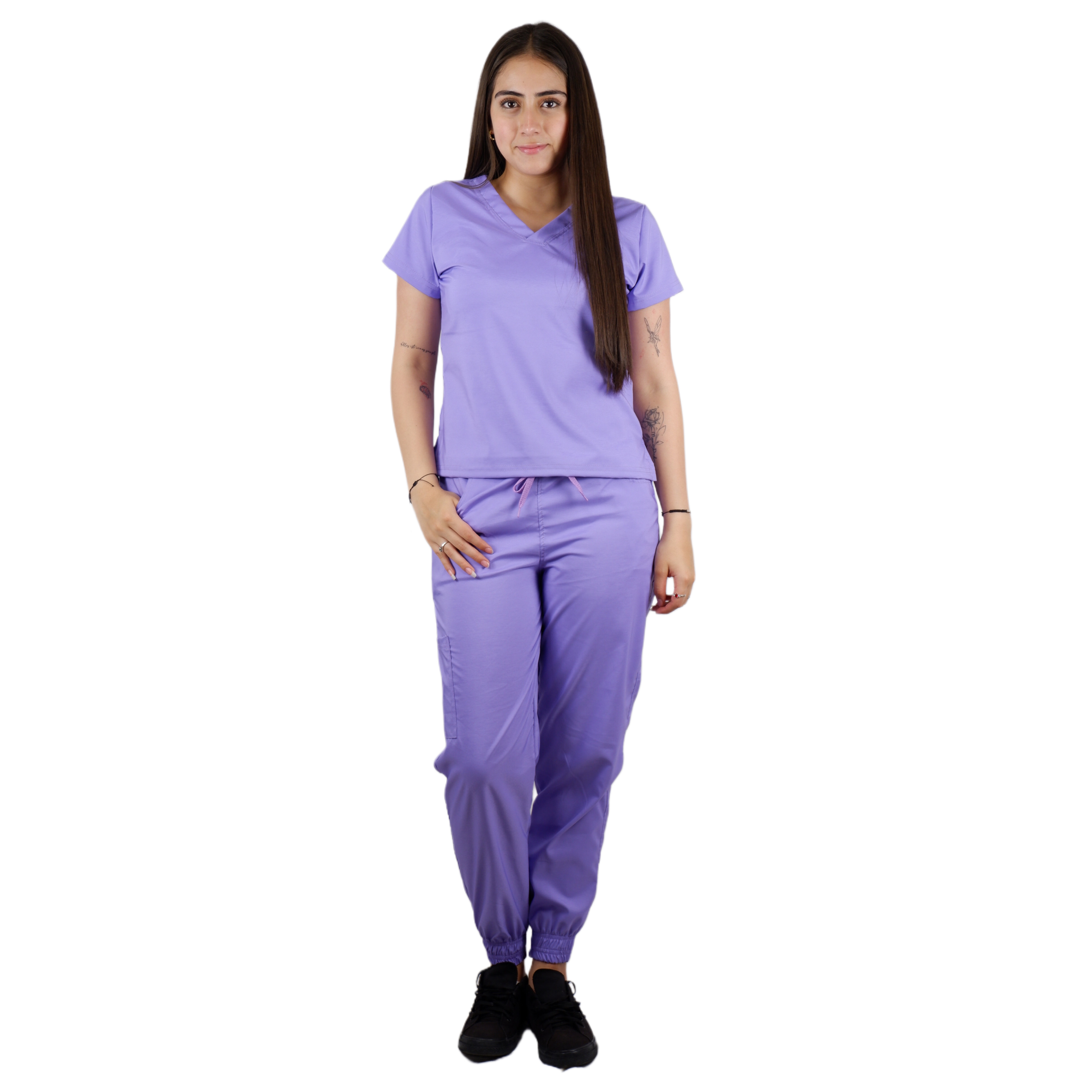 Sharom model wearing a lilac medical scrub set